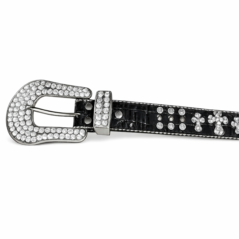 Large Nocona Black Leather Rhinestone Cross Belt | Western Bling | Size 35"-39" - Picture 6 of 6